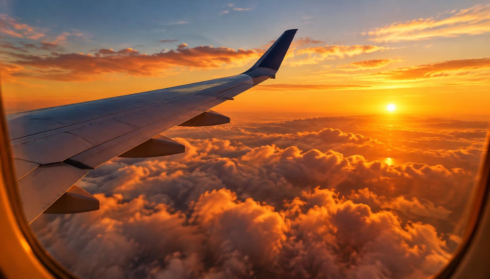 Airplane wing above sunset clouds